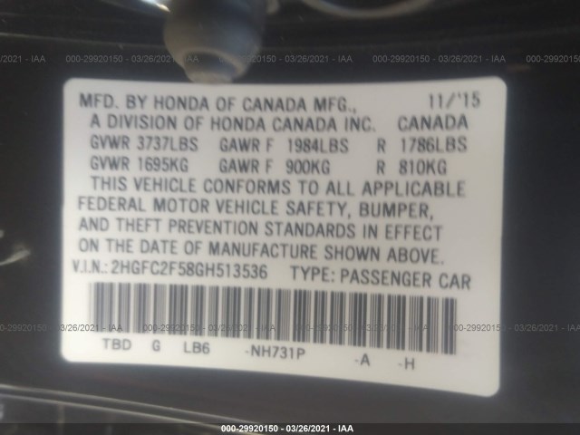 Photo 8 VIN: 2HGFC2F58GH513536 - HONDA CIVIC SEDAN 