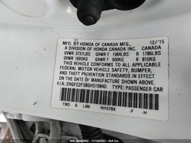 Photo 8 VIN: 2HGFC2F58GH519840 - HONDA CIVIC 