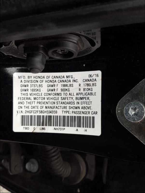 Photo 9 VIN: 2HGFC2F58GH554359 - HONDA CIVIC LX 