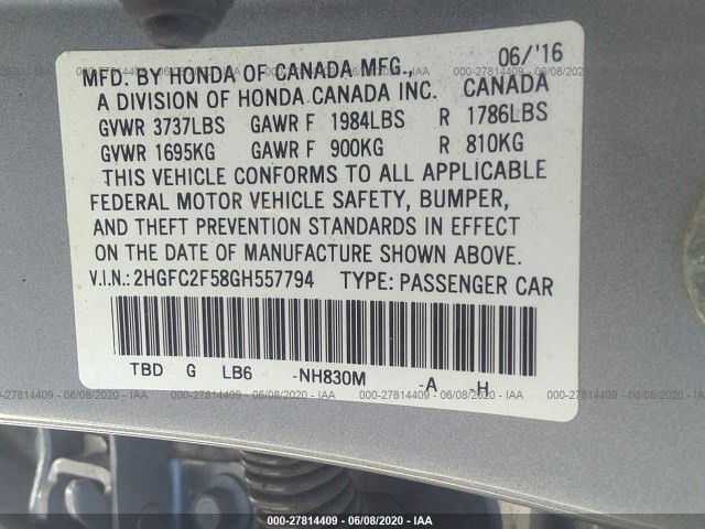 Photo 8 VIN: 2HGFC2F58GH557794 - HONDA CIVIC SEDAN 