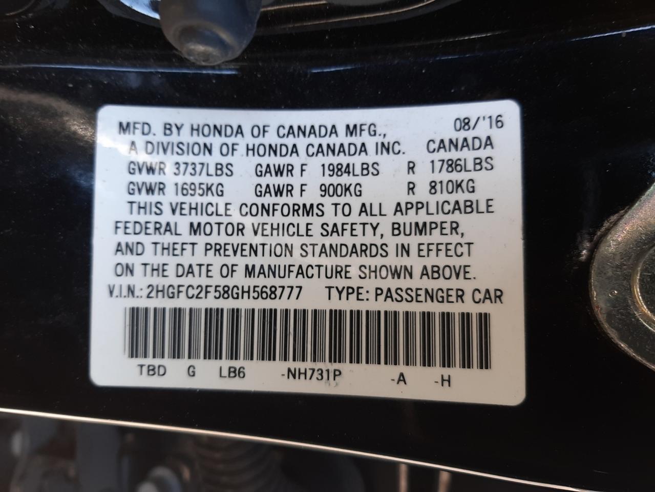 Photo 11 VIN: 2HGFC2F58GH568777 - HONDA CIVIC 