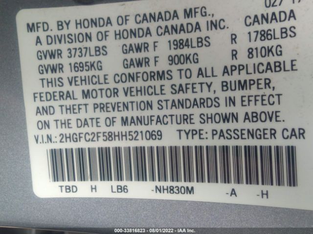 Photo 8 VIN: 2HGFC2F58HH521069 - HONDA CIVIC SEDAN 