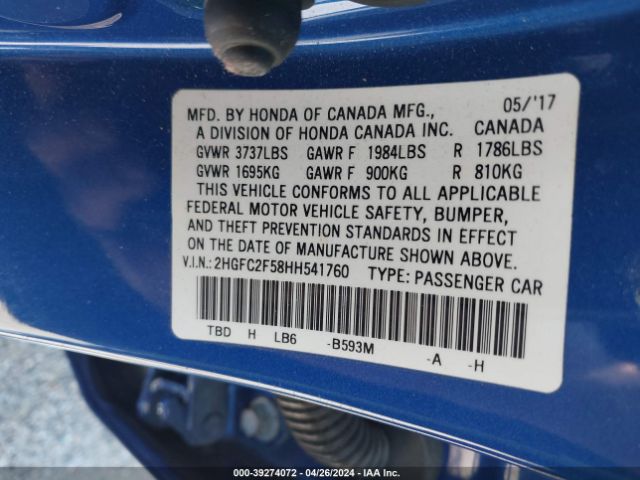 Photo 8 VIN: 2HGFC2F58HH541760 - HONDA CIVIC 