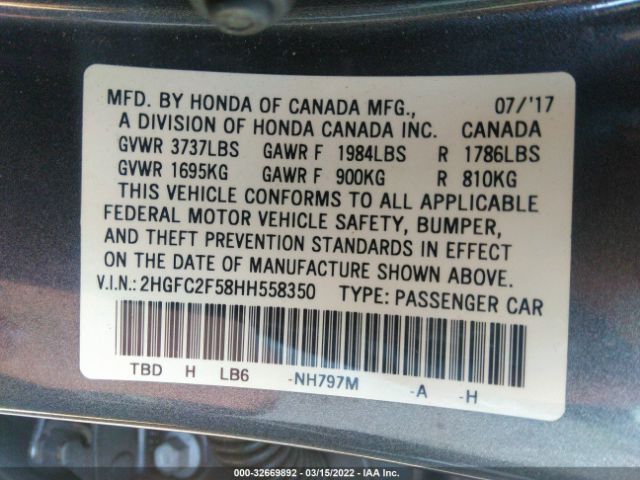 Photo 8 VIN: 2HGFC2F58HH558350 - HONDA CIVIC SEDAN 