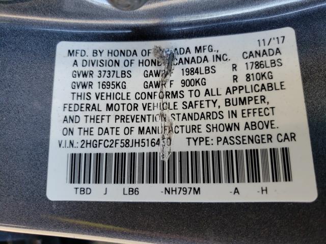 Photo 9 VIN: 2HGFC2F58JH516430 - HONDA CIVIC LX 