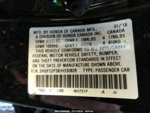 Photo 8 VIN: 2HGFC2F58JH530828 - HONDA CIVIC SEDAN 