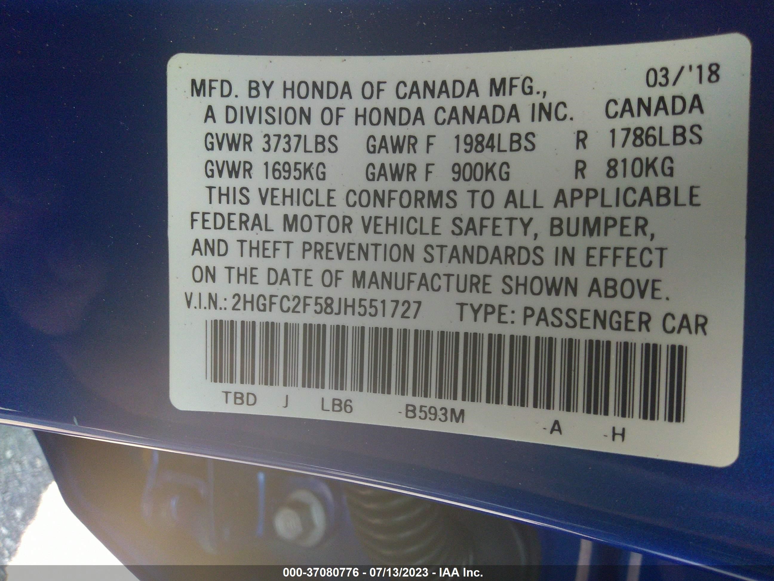 Photo 8 VIN: 2HGFC2F58JH551727 - HONDA CIVIC 