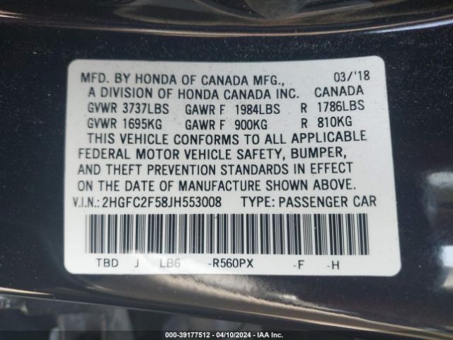 Photo 8 VIN: 2HGFC2F58JH553008 - HONDA CIVIC 