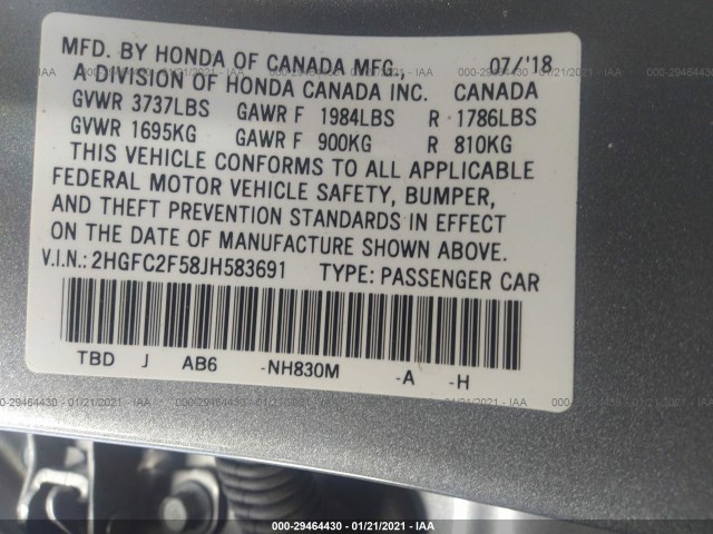 Photo 8 VIN: 2HGFC2F58JH583691 - HONDA CIVIC SEDAN 