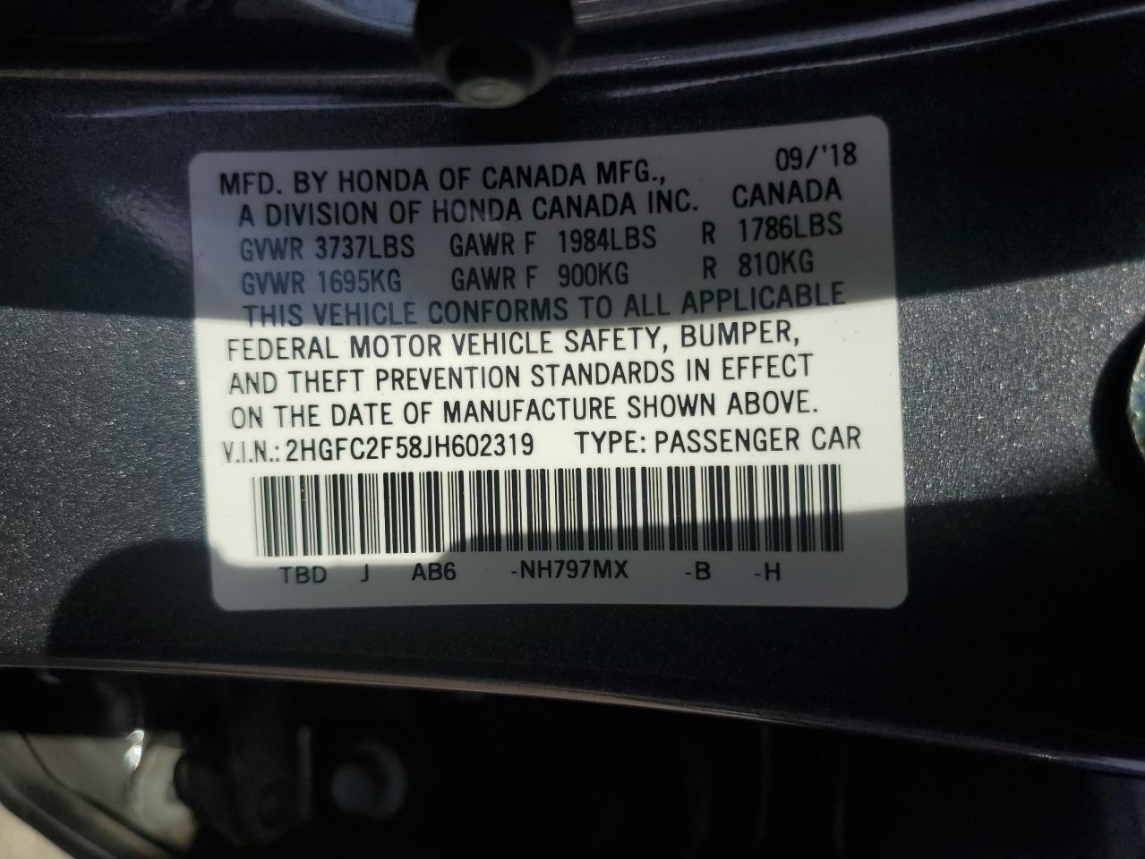 Photo 12 VIN: 2HGFC2F58JH602319 - HONDA CIVIC 