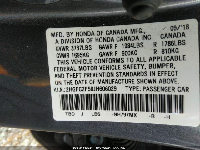 Photo 8 VIN: 2HGFC2F58JH606029 - HONDA CIVIC SEDAN 