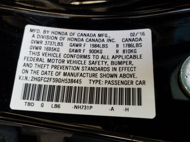 Photo 9 VIN: 2HGFC2F59GH538445 - HONDA CIVIC LX 