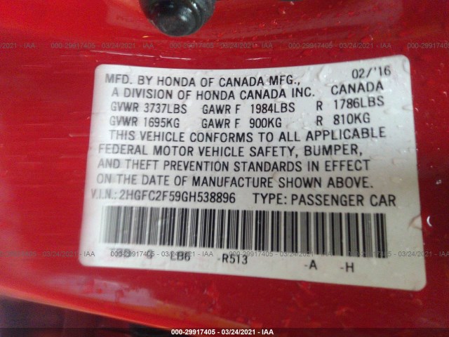 Photo 8 VIN: 2HGFC2F59GH538896 - HONDA CIVIC SEDAN 