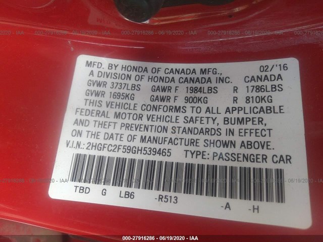 Photo 8 VIN: 2HGFC2F59GH539465 - HONDA CIVIC SEDAN 