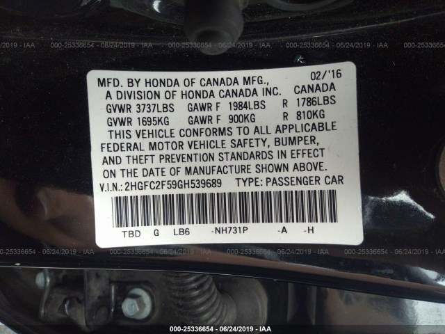 Photo 8 VIN: 2HGFC2F59GH539689 - HONDA CIVIC SEDAN 