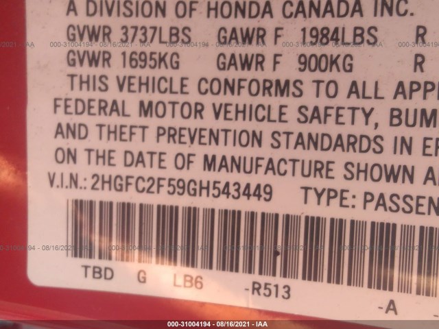 Photo 8 VIN: 2HGFC2F59GH543449 - HONDA CIVIC SEDAN 