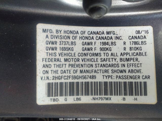 Photo 8 VIN: 2HGFC2F59GH567489 - HONDA CIVIC SEDAN 