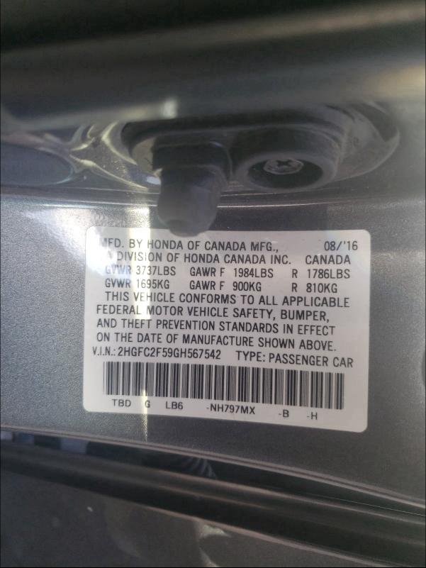 Photo 9 VIN: 2HGFC2F59GH567542 - HONDA CIVIC LX 