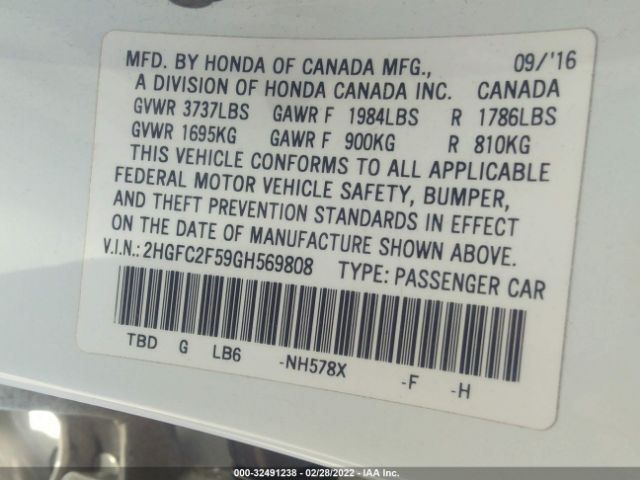 Photo 8 VIN: 2HGFC2F59GH569808 - HONDA CIVIC SEDAN 