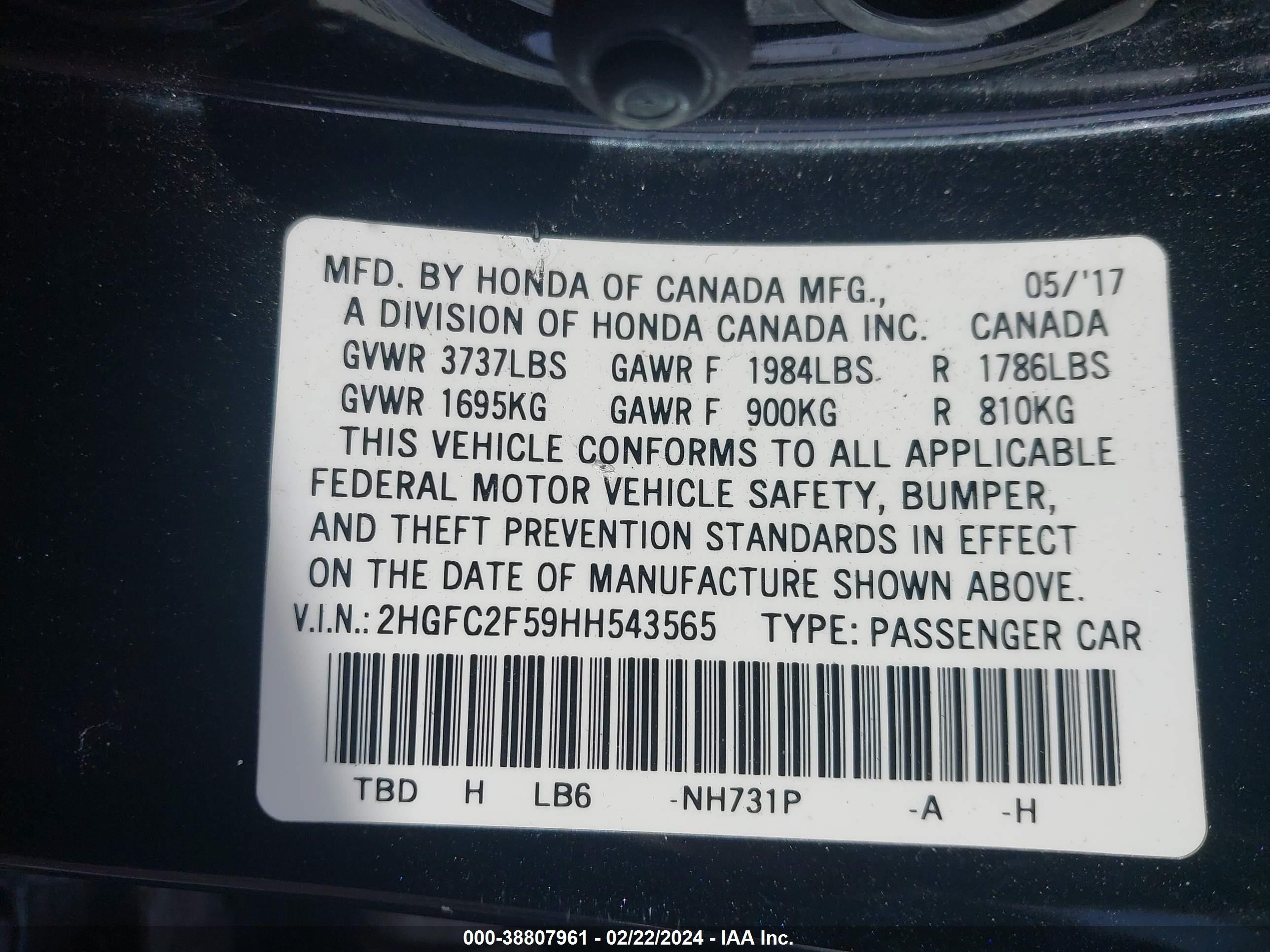 Photo 8 VIN: 2HGFC2F59HH543565 - HONDA CIVIC 