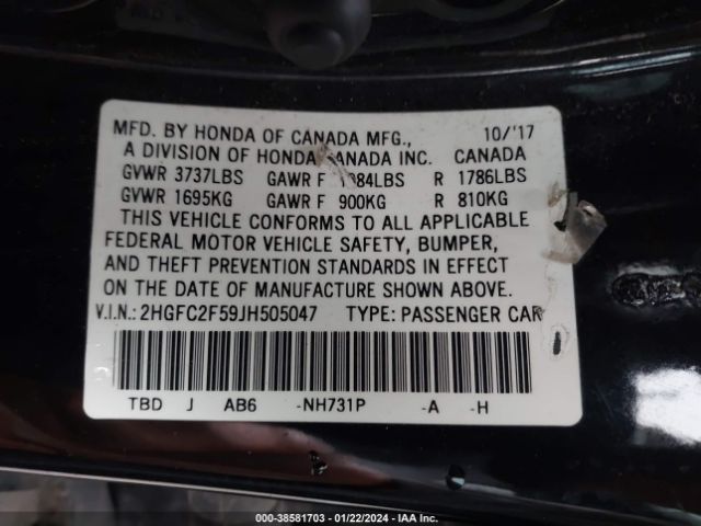 Photo 8 VIN: 2HGFC2F59JH505047 - HONDA CIVIC 