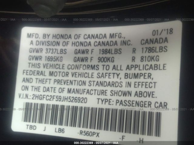 Photo 8 VIN: 2HGFC2F59JH526920 - HONDA CIVIC SEDAN 