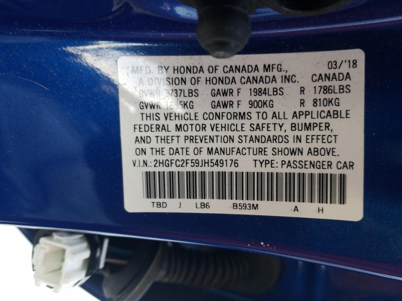 Photo 9 VIN: 2HGFC2F59JH549176 - HONDA CIVIC LX 