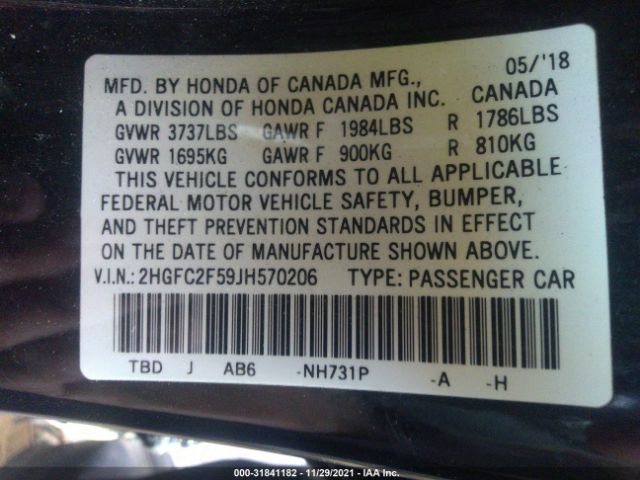 Photo 8 VIN: 2HGFC2F59JH570206 - HONDA CIVIC SEDAN 