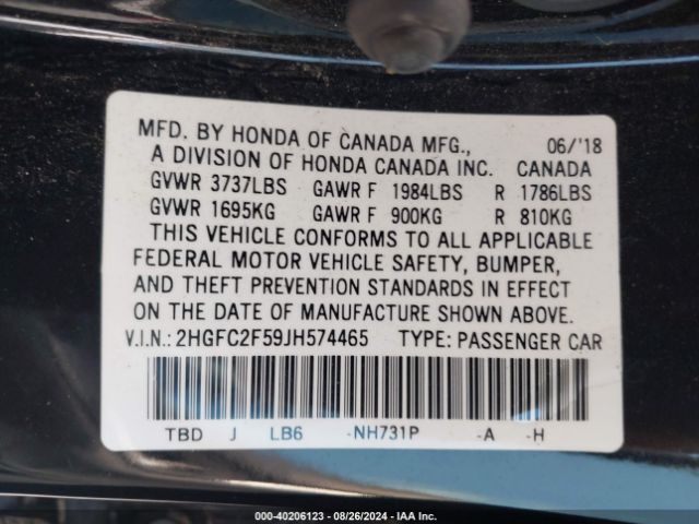 Photo 8 VIN: 2HGFC2F59JH574465 - HONDA CIVIC 