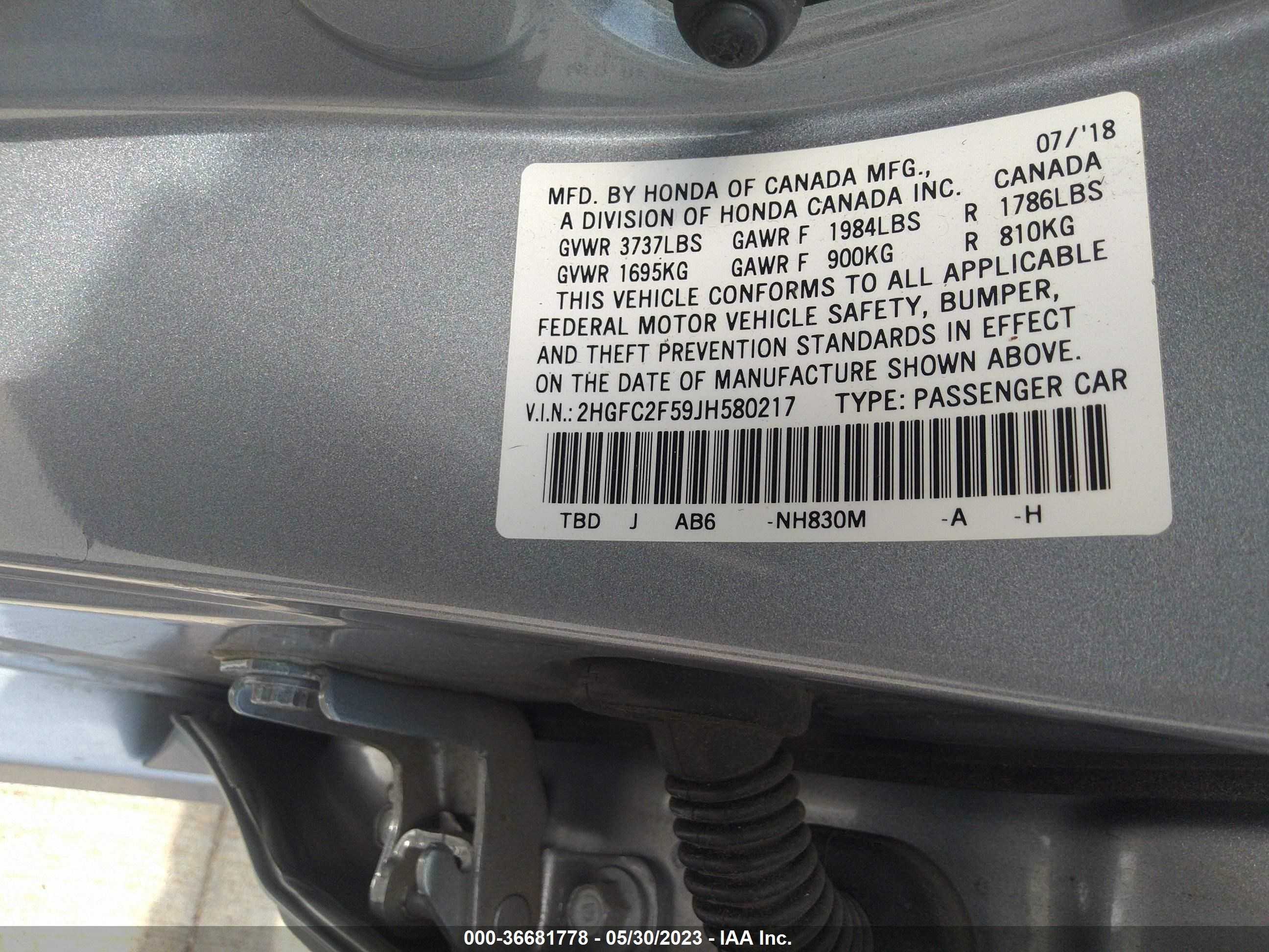 Photo 8 VIN: 2HGFC2F59JH580217 - HONDA CIVIC 