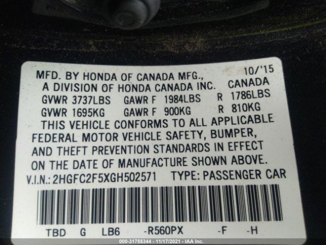 Photo 8 VIN: 2HGFC2F5XGH502571 - HONDA CIVIC SEDAN 