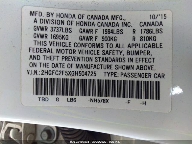 Photo 8 VIN: 2HGFC2F5XGH504725 - HONDA CIVIC SEDAN 