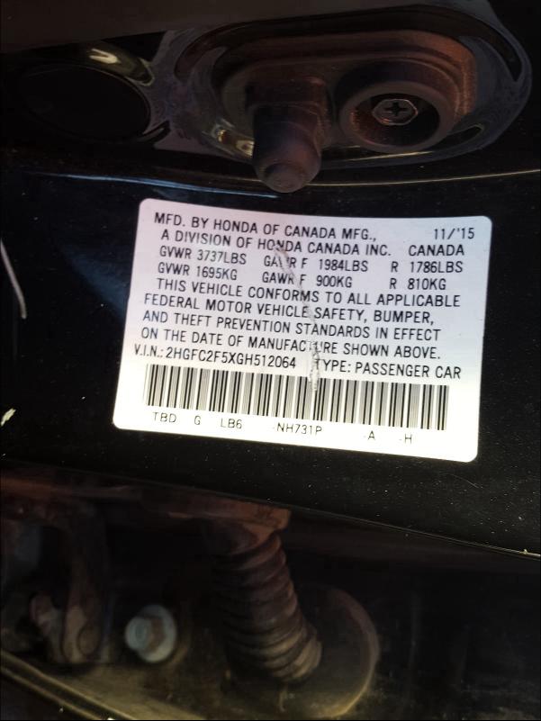 Photo 9 VIN: 2HGFC2F5XGH512064 - HONDA CIVIC LX 