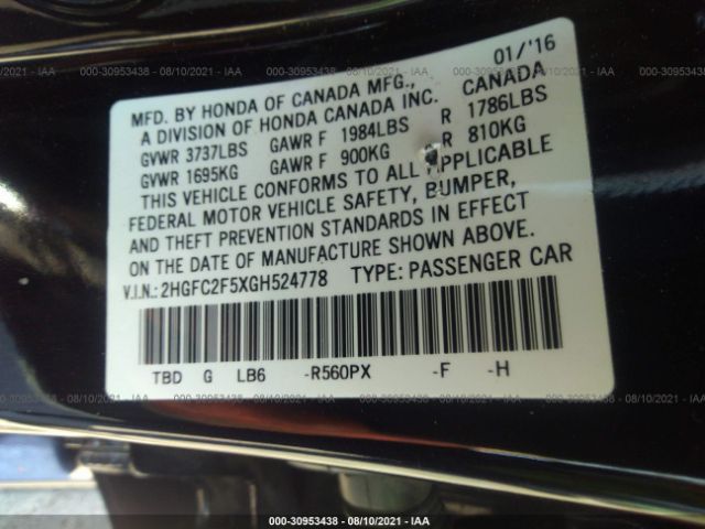 Photo 8 VIN: 2HGFC2F5XGH524778 - HONDA CIVIC SEDAN 