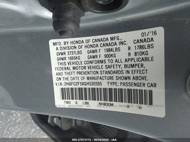 Photo 8 VIN: 2HGFC2F5XGH530595 - HONDA CIVIC SEDAN 