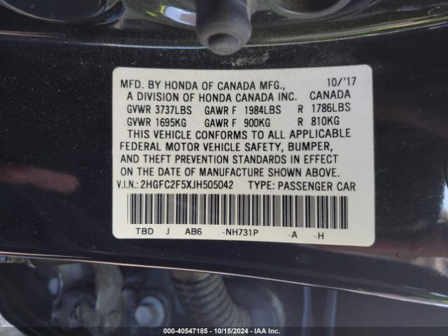 Photo 8 VIN: 2HGFC2F5XJH505042 - HONDA CIVIC 