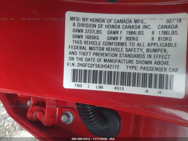 Photo 8 VIN: 2HGFC2F5XJH542172 - HONDA CIVIC SEDAN 