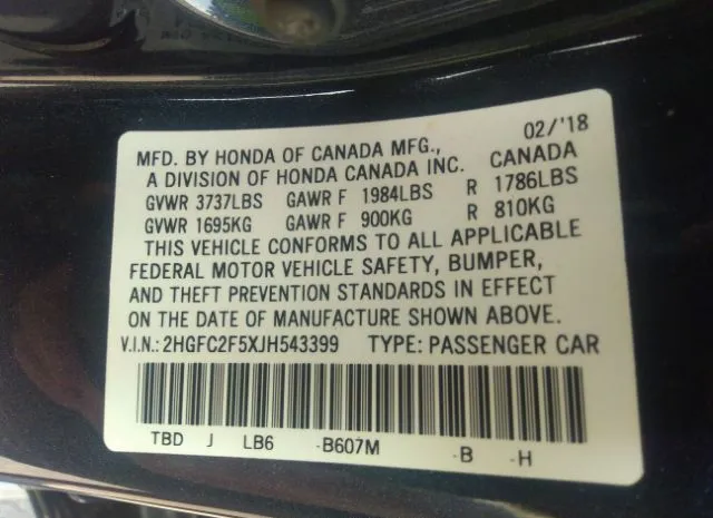 Photo 8 VIN: 2HGFC2F5XJH543399 - HONDA CIVIC 