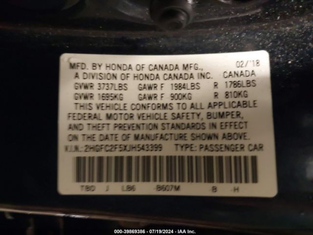 Photo 8 VIN: 2HGFC2F5XJH543399 - HONDA CIVIC 