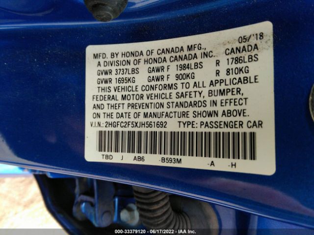 Photo 8 VIN: 2HGFC2F5XJH561692 - HONDA CIVIC SEDAN 