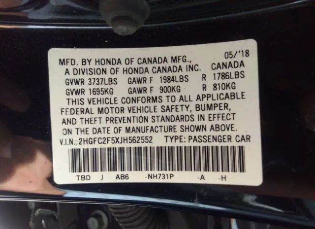 Photo 8 VIN: 2HGFC2F5XJH562552 - HONDA CIVIC SEDAN 