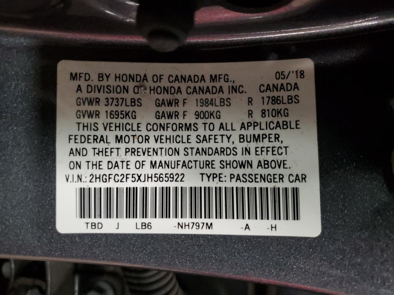 Photo 12 VIN: 2HGFC2F5XJH565922 - HONDA CIVIC 