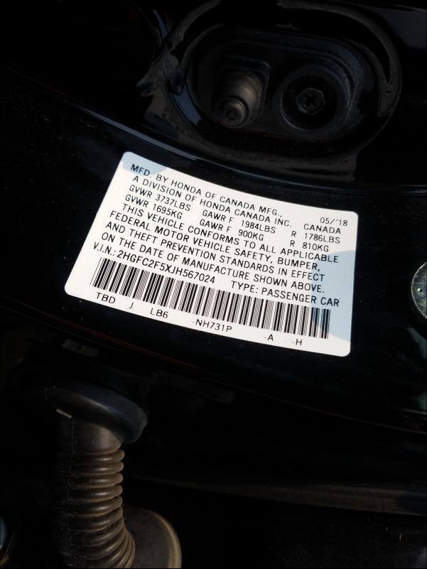 Photo 9 VIN: 2HGFC2F5XJH567024 - HONDA CIVIC LX 