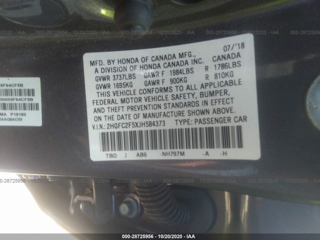 Photo 8 VIN: 2HGFC2F5XJH584373 - HONDA CIVIC SEDAN 