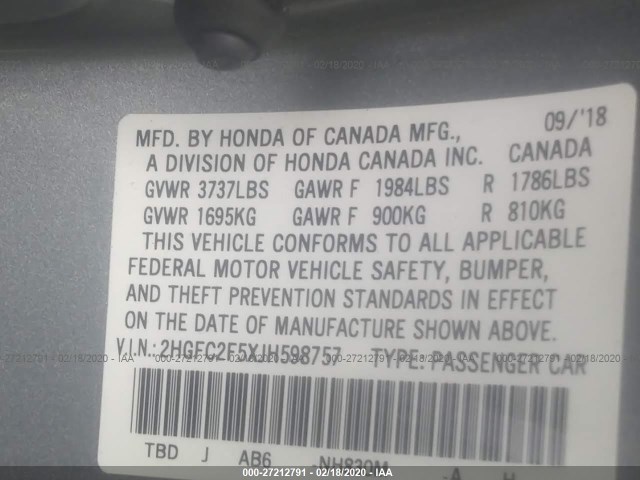 Photo 8 VIN: 2HGFC2F5XJH598757 - HONDA CIVIC SEDAN 