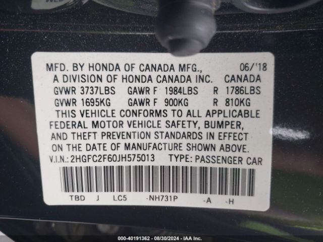 Photo 8 VIN: 2HGFC2F60JH575013 - HONDA CIVIC 