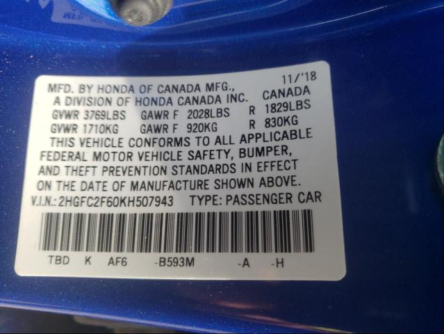 Photo 9 VIN: 2HGFC2F60KH507943 - HONDA CIVIC LX 