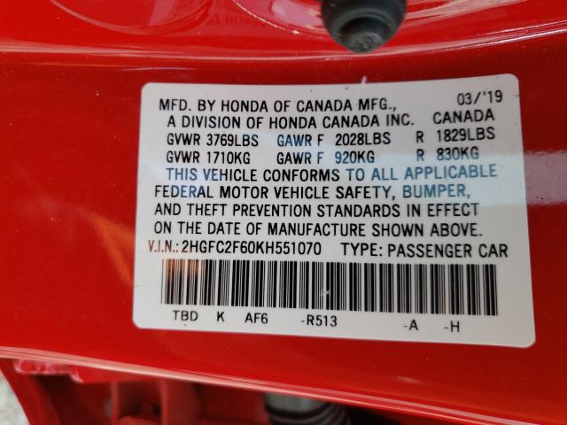 Photo 9 VIN: 2HGFC2F60KH551070 - HONDA CIVIC LX 