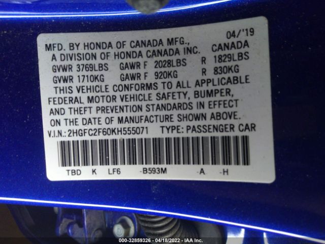 Photo 8 VIN: 2HGFC2F60KH555071 - HONDA CIVIC SEDAN 