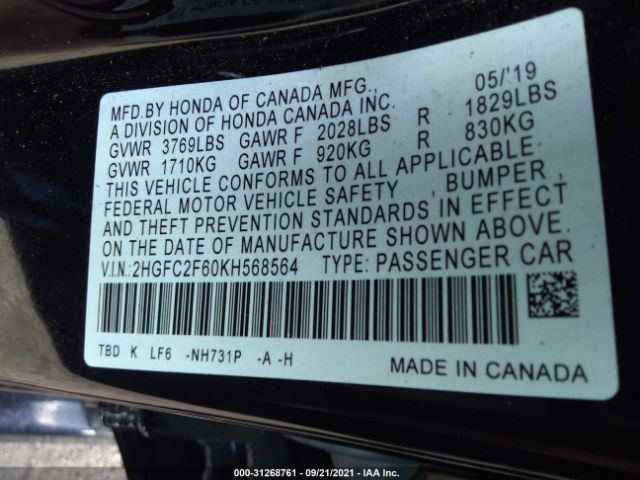 Photo 8 VIN: 2HGFC2F60KH568564 - HONDA CIVIC SEDAN 